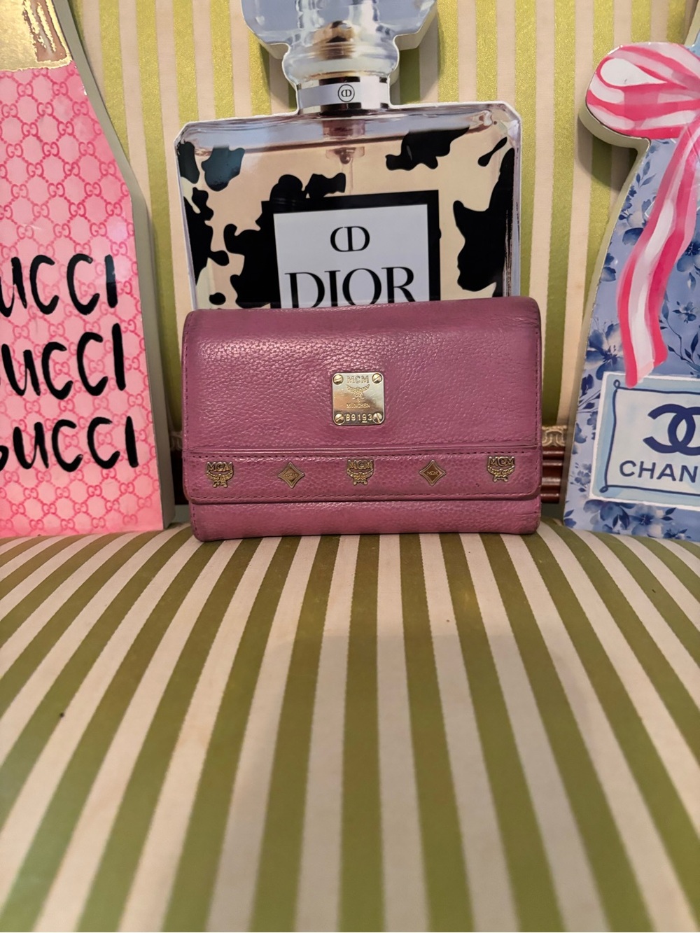 MCM Dusty Pink Leather Fold Wallet with Gold Plaque